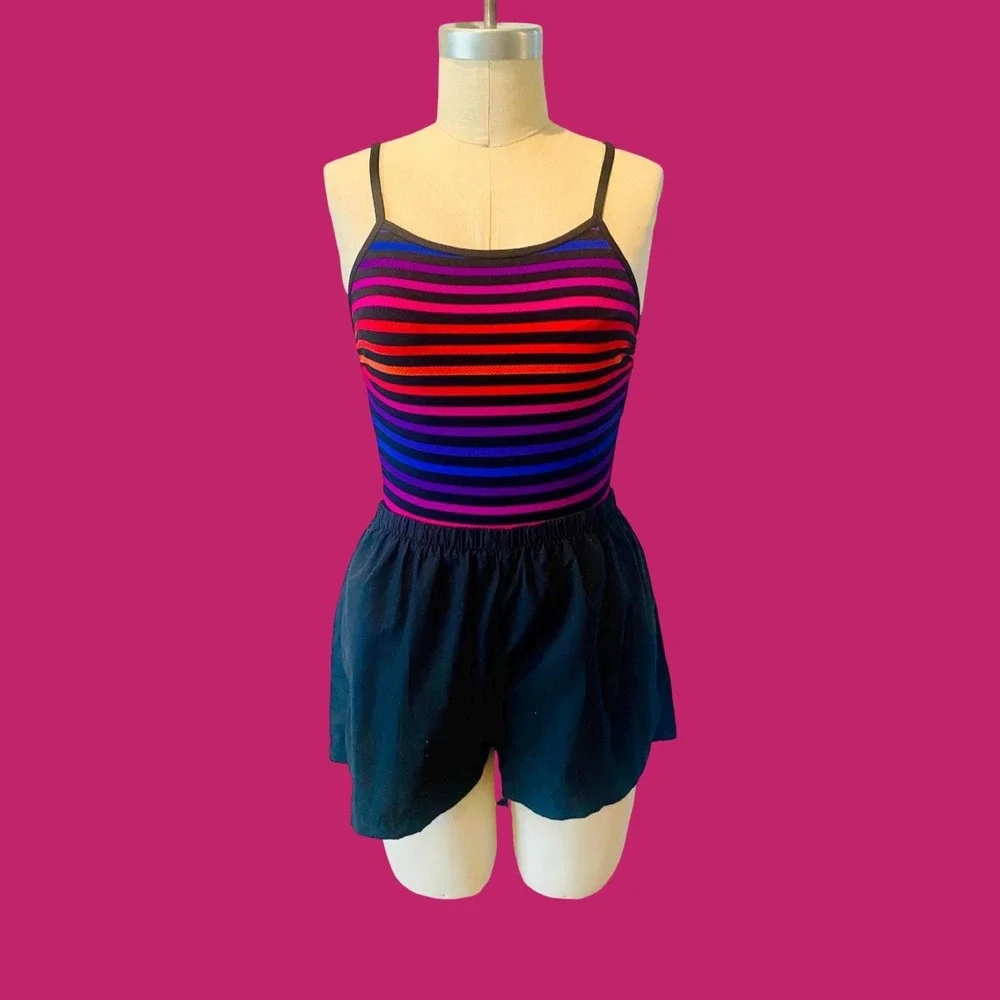Vintage Le Cove‎ Striped Swimsuit with Built-In Shorts, Size 10